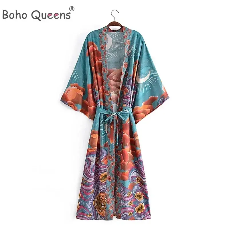 Boho Queens Star Floral Print Bat Sleeve Bohemian Kimono Dress Dressing Gwon
