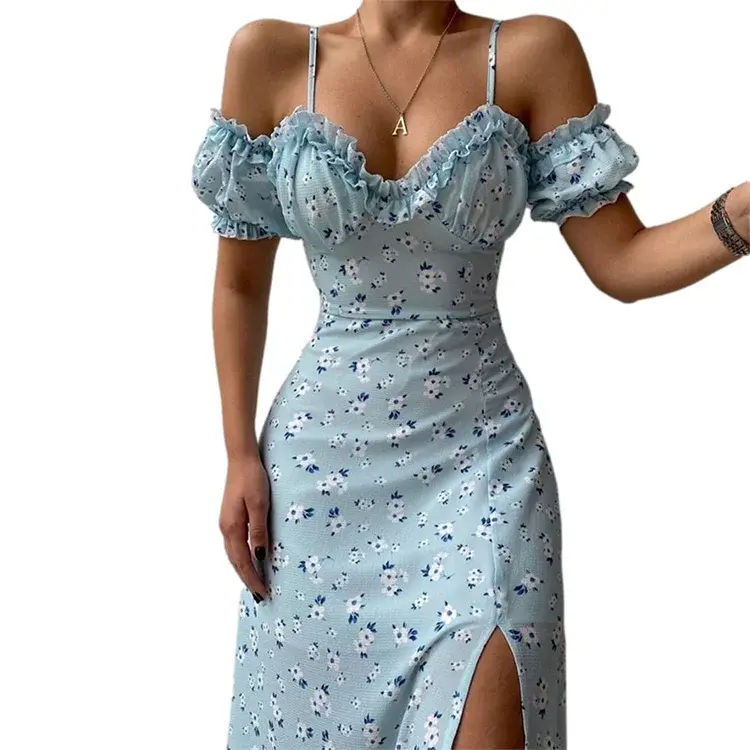 Thumbnail: Off Shoulder Floral Maxi Dress Puff Sleeve Slim Sexy Style Women