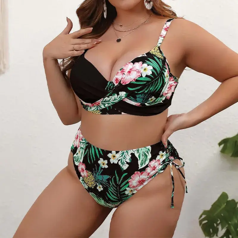 Thumbnail: High Waist Bikini Sets Push Up  Underwire  4XL Large Size Floral Contrast Twist