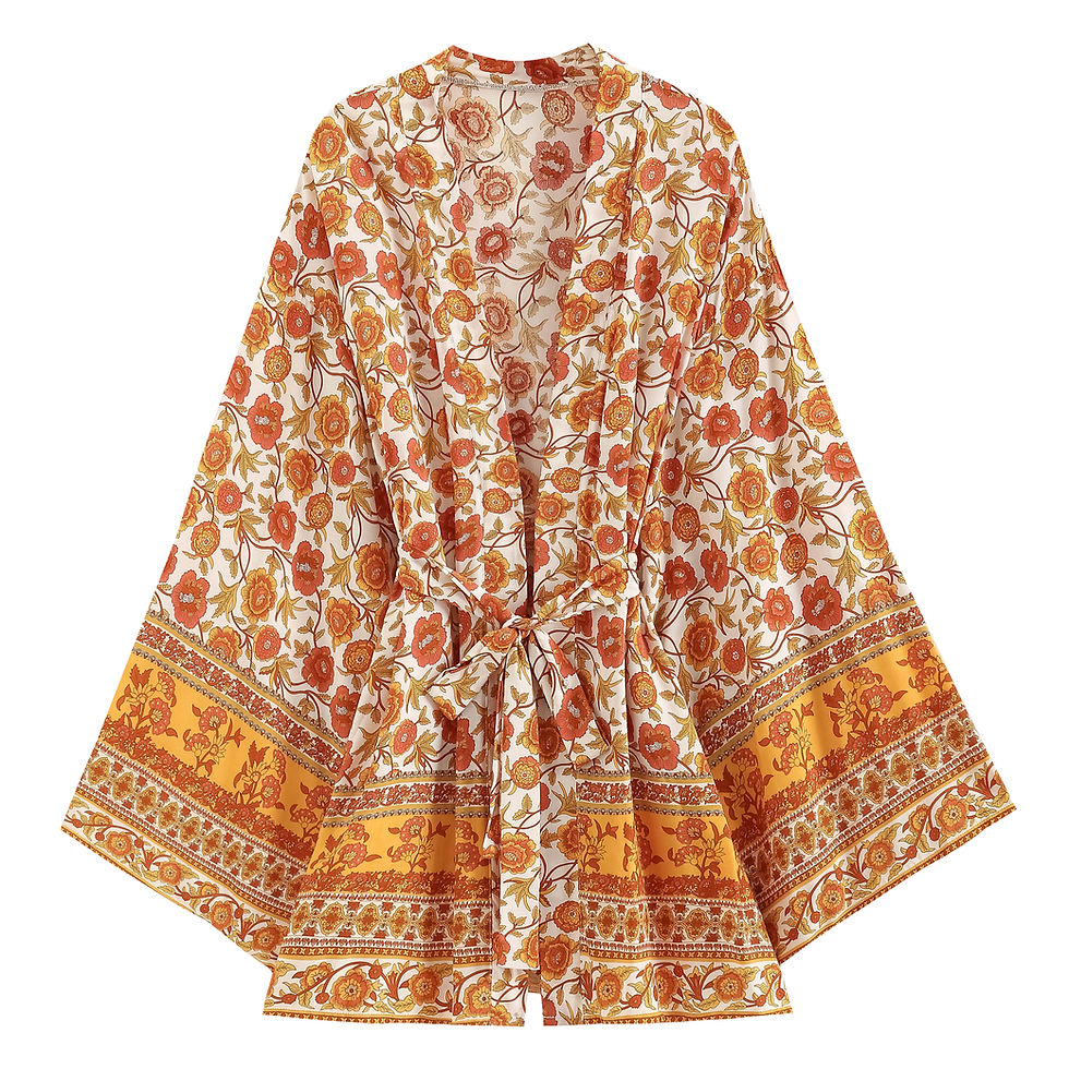 Thumbnail: Women’s Black Floral Boho Kimono Dress V-Neck Batwing Sleeve Beach Cover-Up