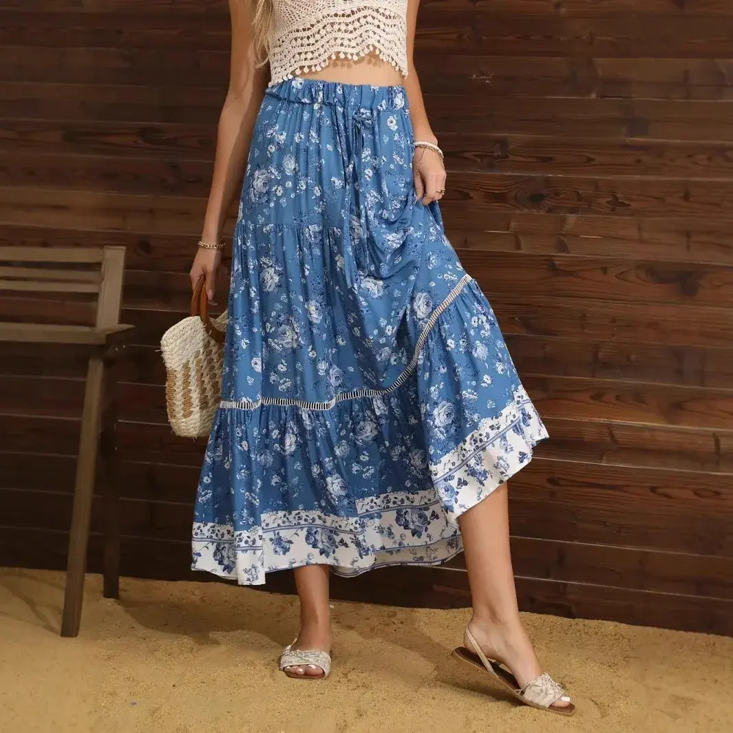 Floral Print Elastic Waist Pleated Boho Maxi Skirt