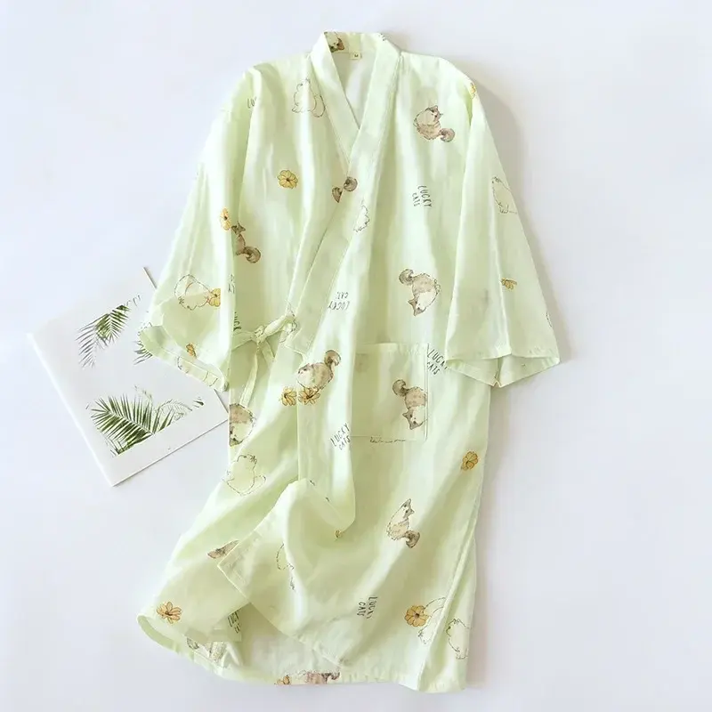 Thumbnail: Japanese-Style Kimono Pajamas 100% Cotton Gauze Pajamas Nightgown
