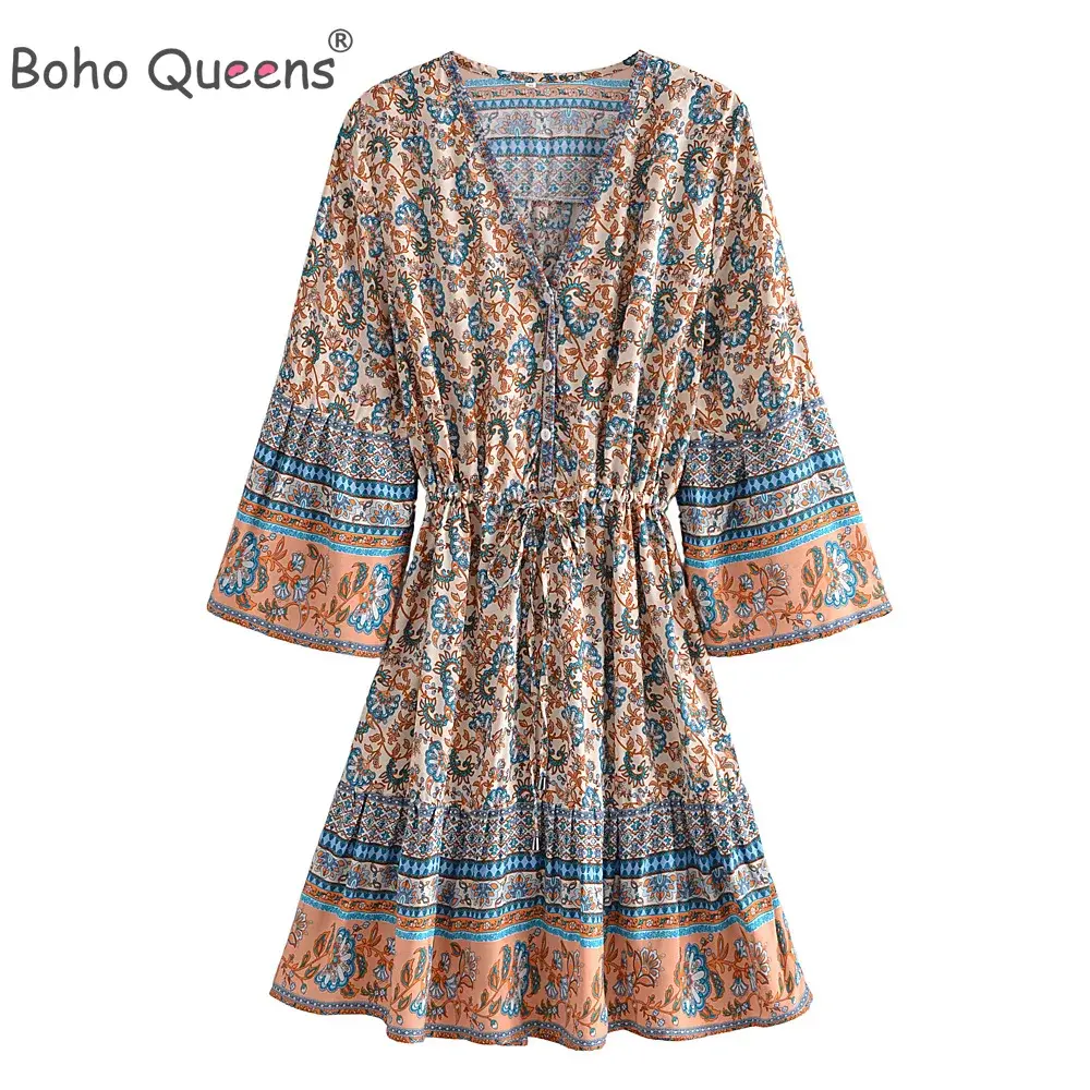 Boho Floral V-Neck Mini Dress with Tassels and Flare Sleeves