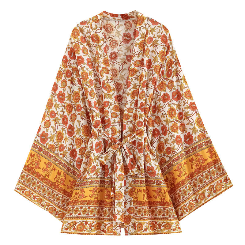 Thumbnail: Women’s Black Floral Boho Kimono Dress V-Neck Batwing Sleeve Beach Cover-Up