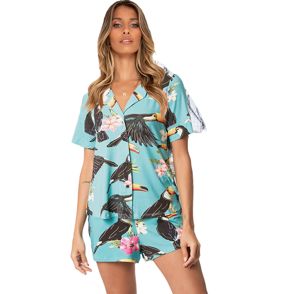 Thumbnail: Satin Pajamas Print Casual Two Piece Suit Silk Sleep Wear Toucan Bird