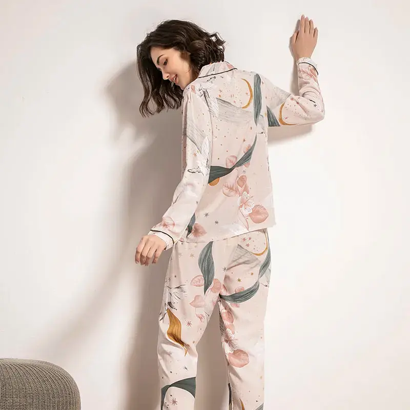 Thumbnail: Starry Sky and Floral Printed Women Pajamas Set Comfort Viscose Full Sleeve