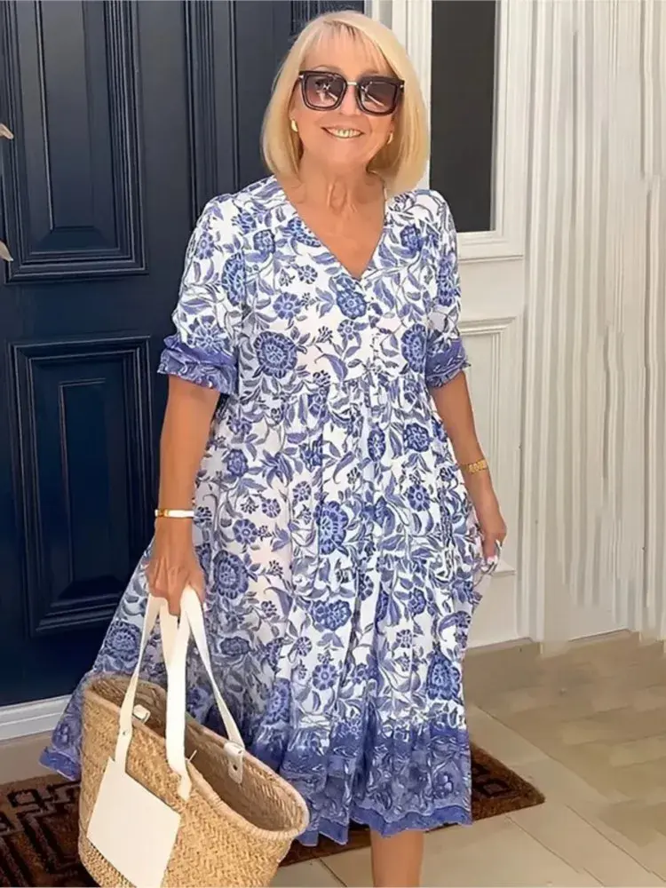 Summer Floral Print Dress for Women Casual Loose Elegant Beach