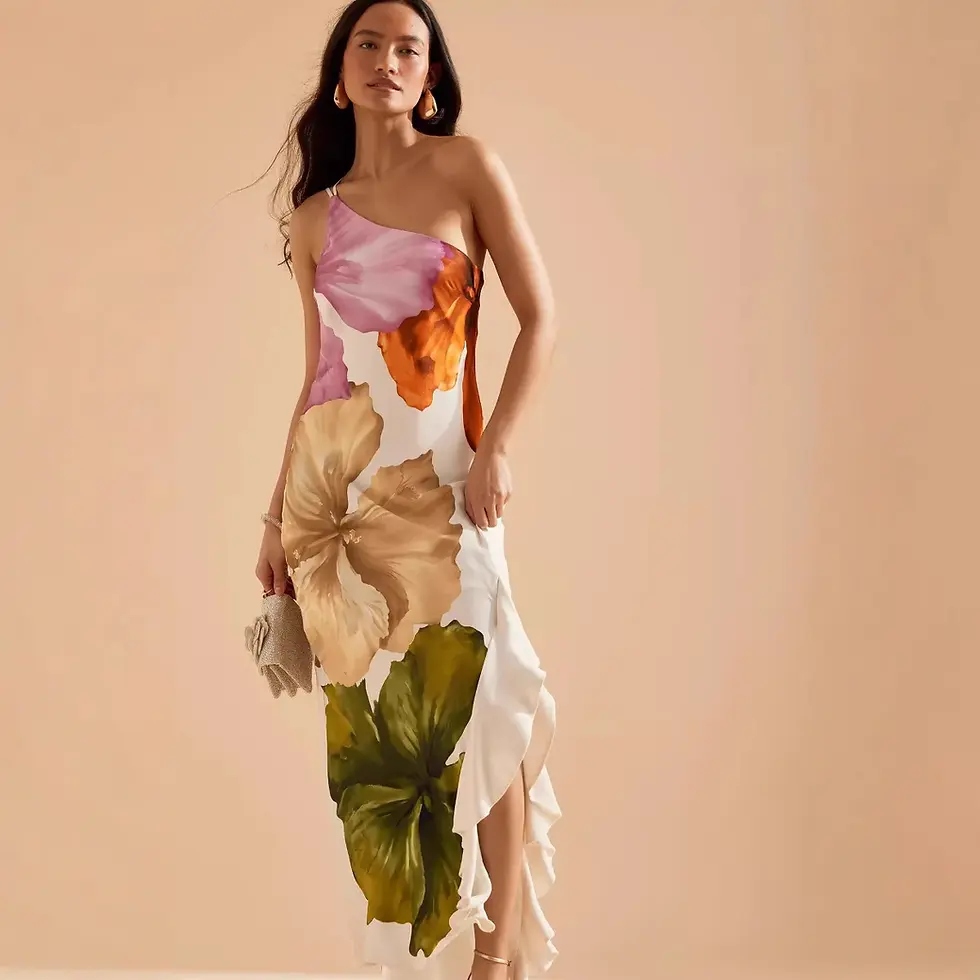 VEITCHE Women Printed Curling Edge Long Dresses Irregular One Shoulder Gown