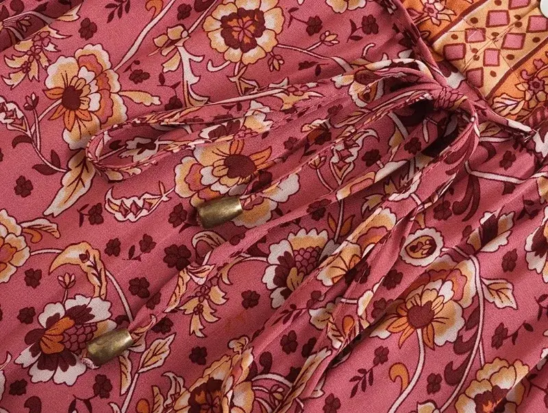 Thumbnail: Boho Floral Bat Sleeve Maxi Dress with V-Neck and Tassels for Women