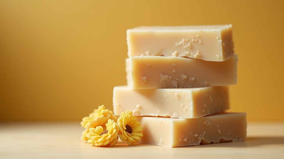 Close-up view of natural handmade soap bars stacked neatly