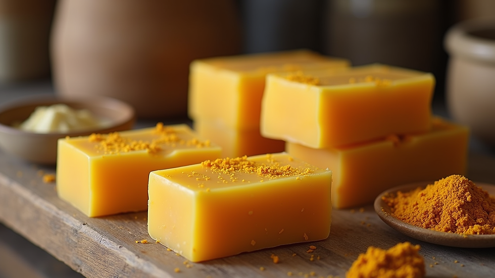 Eye-level view of handmade turmeric soap bars stacked on rustic table