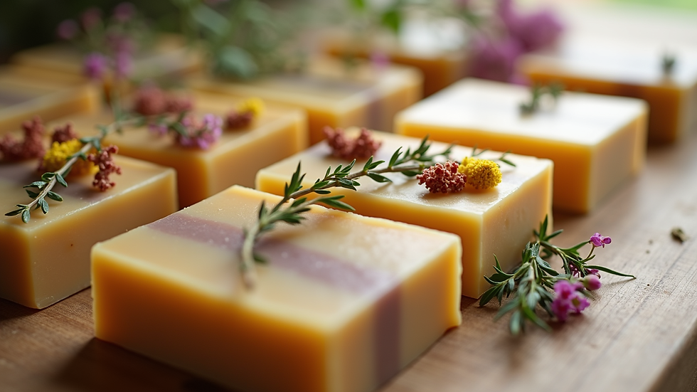 Eye-level view of artisan soap bars with natural herbs and flowers