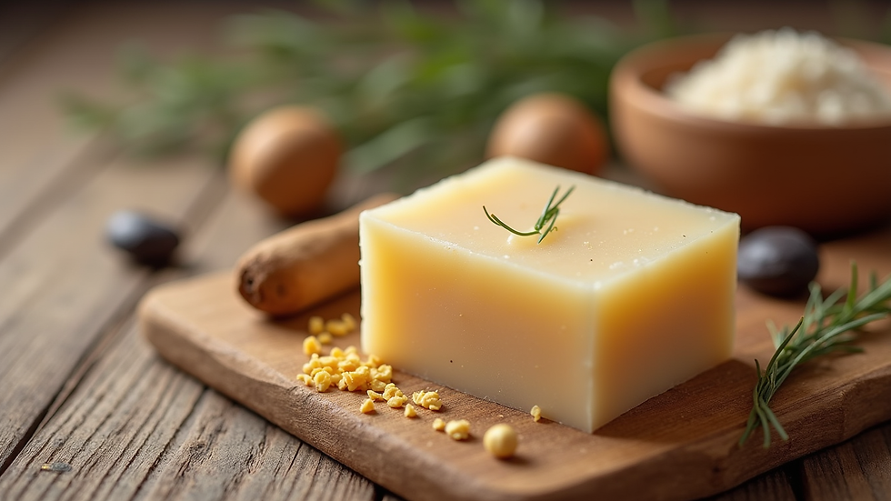 Eye-level view of handmade soap with natural ingredients on wooden surface