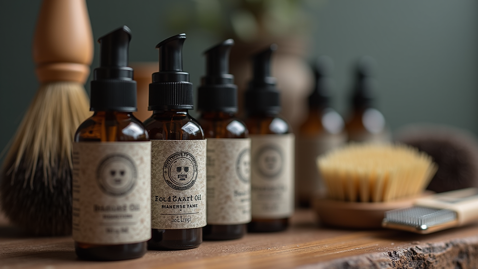 Close-up view of natural beard oils and grooming tools arranged neatly