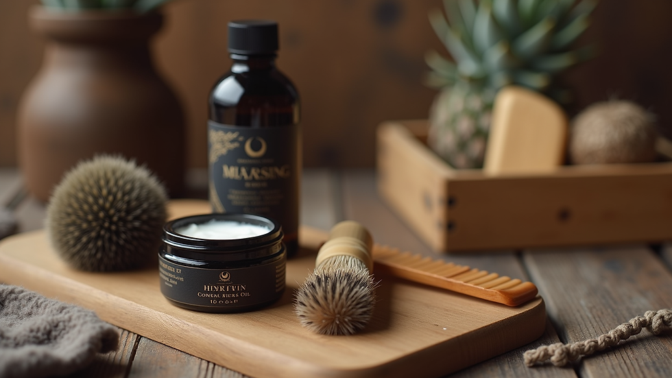 Eye-level view of a natural beard grooming kit with oils, balm, and comb on wooden surface