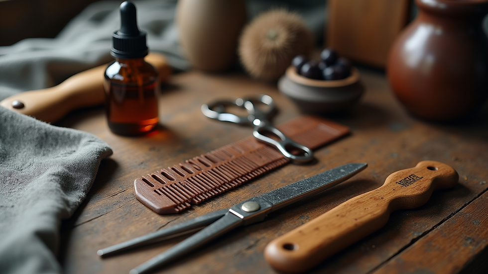 Eye-level view of beard grooming tools including comb, scissors, and natural oils on a rustic table