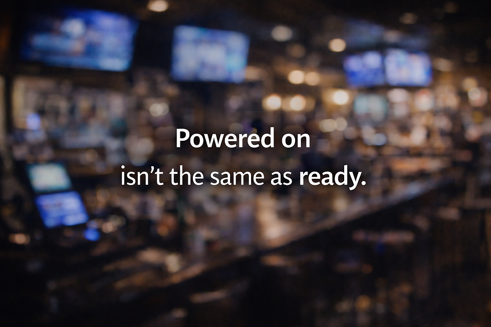 Restaurant technology readiness testing of POS, displays, network, AV, lighting, and controls before a hospitality venue begins operations.