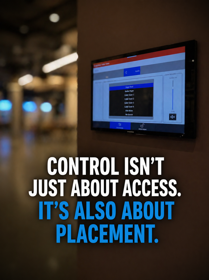 Wall-mounted restaurant AV control touchscreen for managing audio sources and zone volume during service.