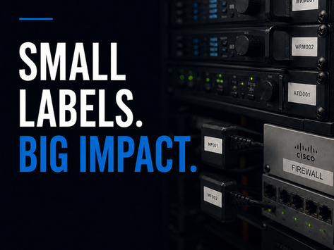 Labeled hospitality technology rack with wireless receivers, audio equipment, power connections, and a Cisco firewall beside the words Small Labels. Big Impact.