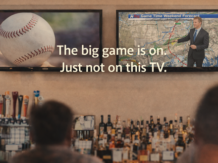 Sports bar TVs showing different content with message ‘The big game is on, just not on this TV’, illustrating AV control issues in restaurant environments.