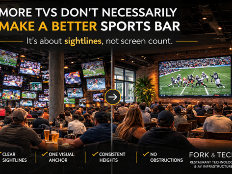 Sports bar AV design comparison showing a crowded wall of many small TVs on one side and a venue with a single large central screen on the other, illustrating how strategic screen placement and clear sightlines create a better viewing experience than simply adding more TVs.