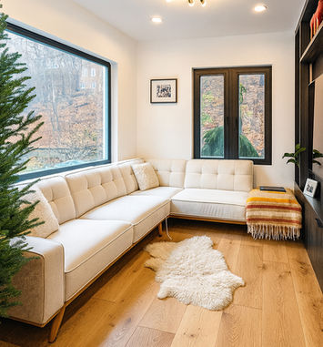 Living room renovation in The Beaches with custom bench seating and large window