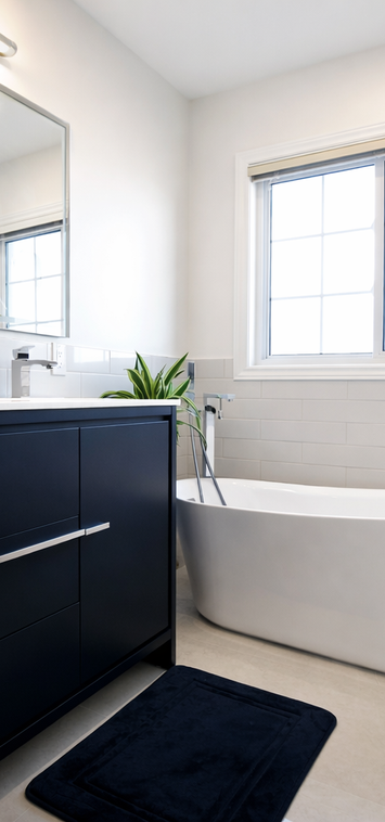 Bathroom renovation with freestanding tub, dark vanity, and bright window