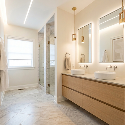Modern bathroom renovations Toronto with double vanity.