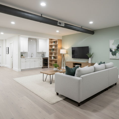 Finished basement renovation in Toronto with open seating area and modern finishes