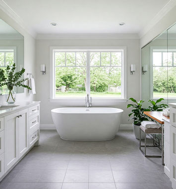 White bathroom renovation with double vanity, glass shower, and bright finishes
