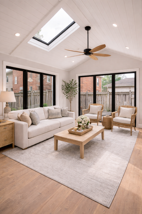 Home extension with skylight, modern seating area, and large windows