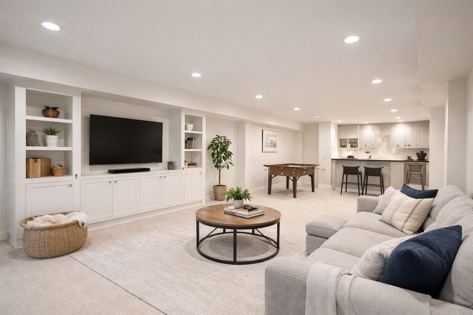 Finished basement renovation in Toronto with open seating area and modern finishes