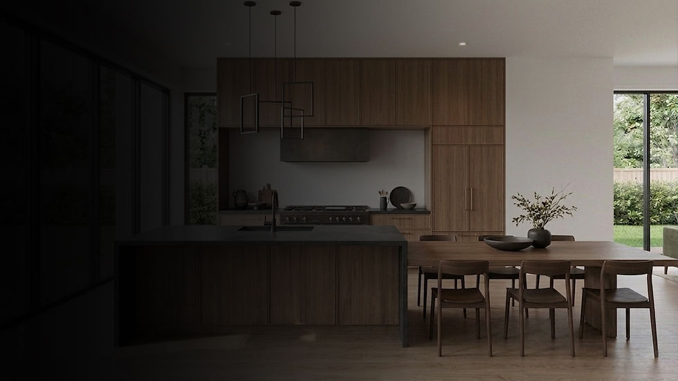 Modern kitchen and dining room with wood cabinets and island.