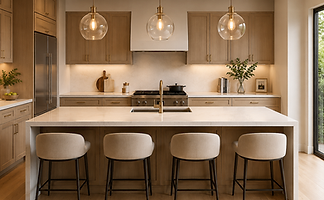Modern renovated kitchen with two light pendants and kitchen island in Toronto