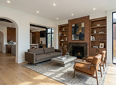 Modern living room with fireplace, senior friendly home renovation