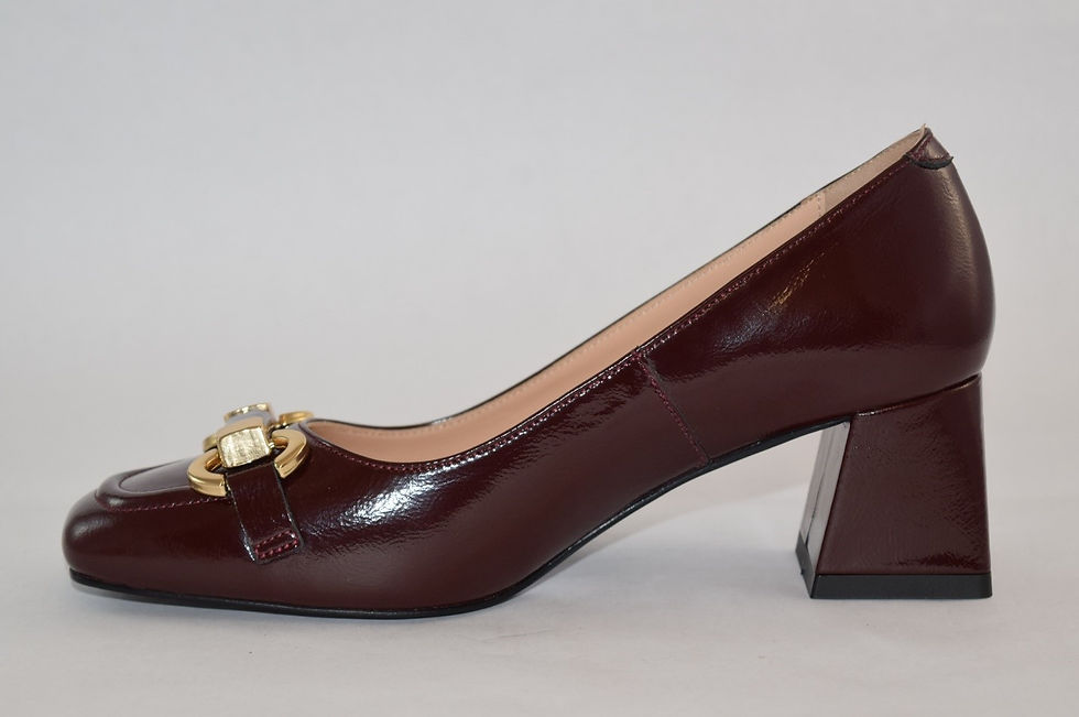 Thumbnail: Burgundy patent Leather Block heel pump with front buckle design