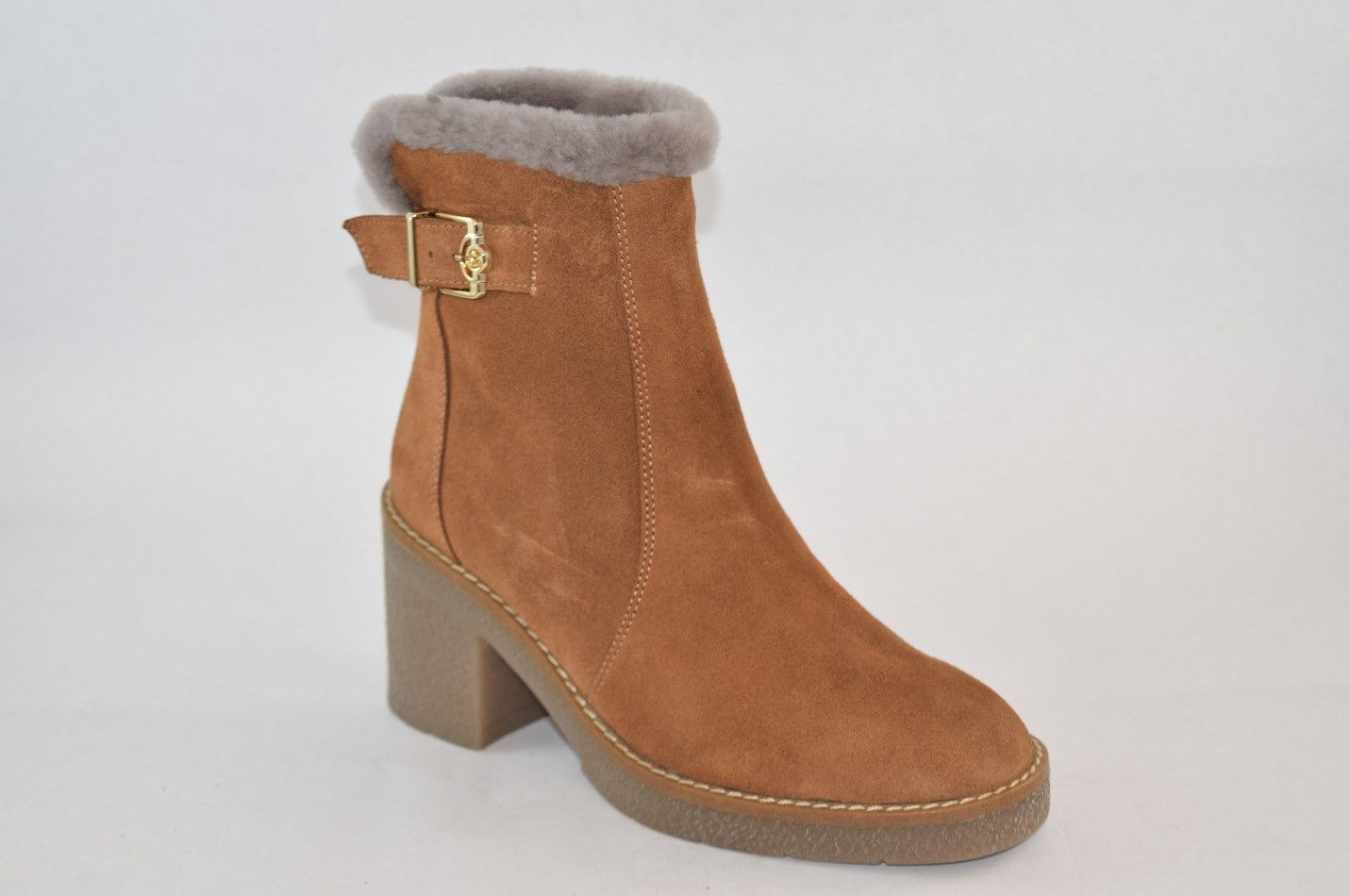 Camel Suede Fur Ankle Boot with Small Block Heel