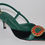 Thumbnail: Green velvet kitten heel and green leather adjustable slingback pump;with red rhinestone front buckle