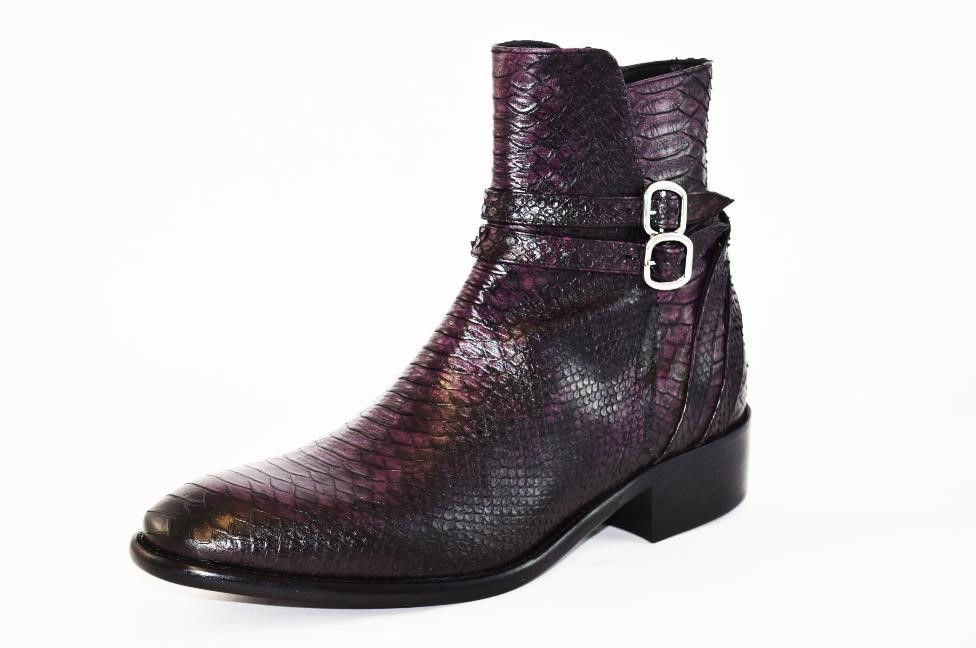 Thumbnail: Burgundy Croc Embossed Leather Boot with side buckle design