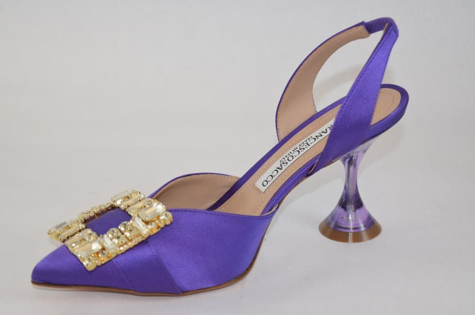 Thumbnail: Violet Satin Slingback, Medium wide based Heel with Rhinestone covered Front buckle