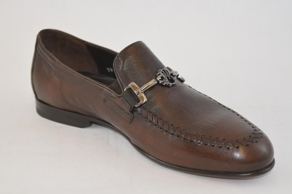 Thumbnail: Brown Leather Dress Loafer with metallic Logo buckle