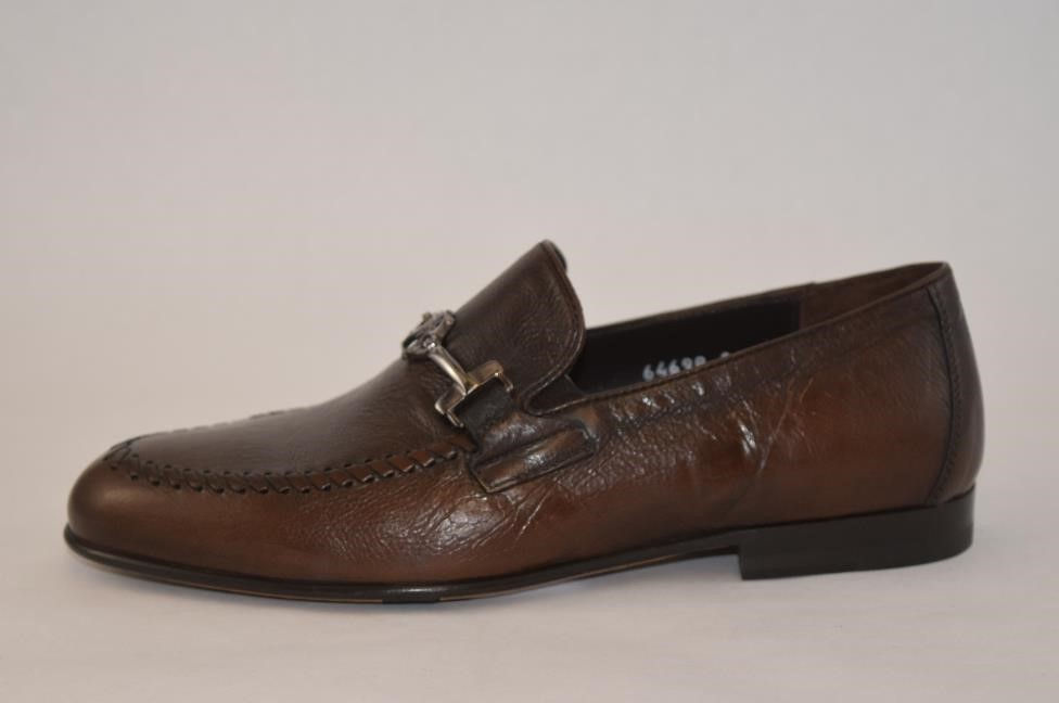 Thumbnail: Brown Leather Dress Loafer with metallic Logo buckle