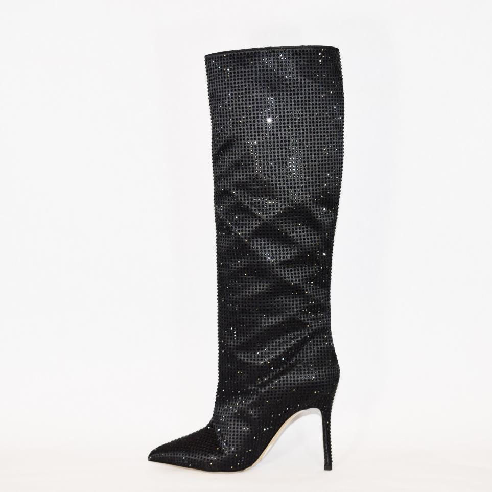 Thumbnail: Black rhinestone covered Slip on Stiletto Boot 