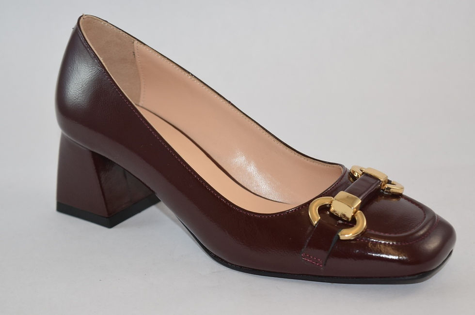 Thumbnail: Burgundy patent Leather Block heel pump with front buckle design