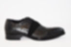 Black dress shoe with various leathers (ostrich, croc embossed ,suede ,embossed leather) and adjustable laces