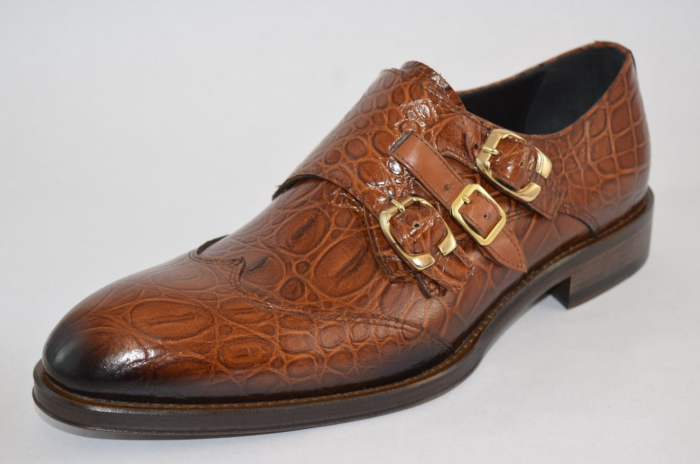 Camel croc  embossed  Dress shoe with three buckle monk strap design