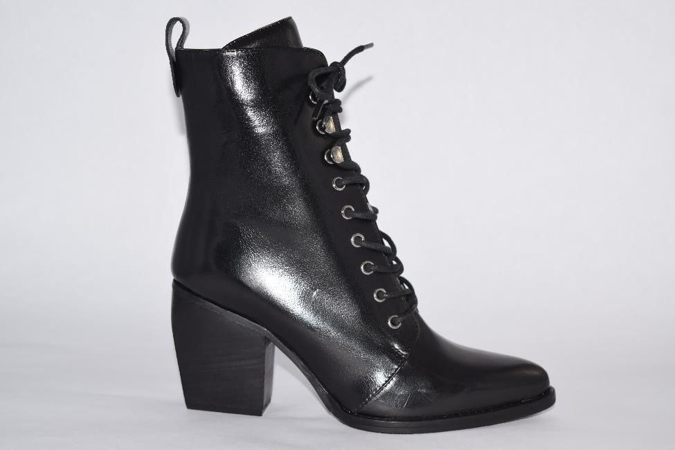 Black Leather Block Heel Boot with adjustable laces 