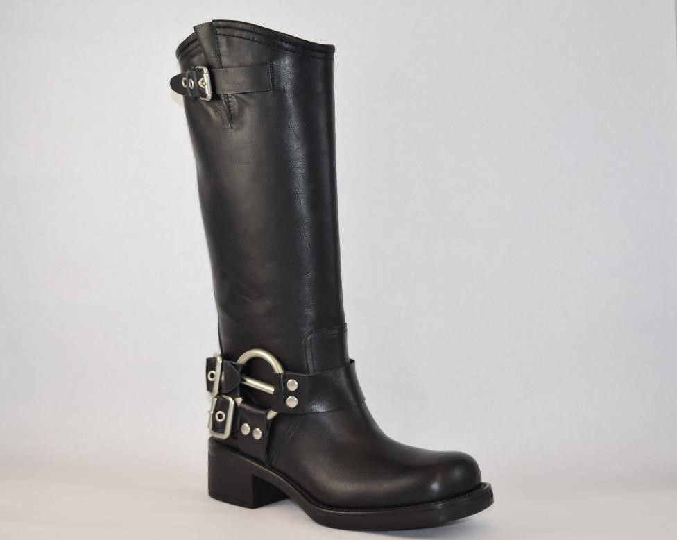 Black leather calf high boot with square  toe and side buckle design