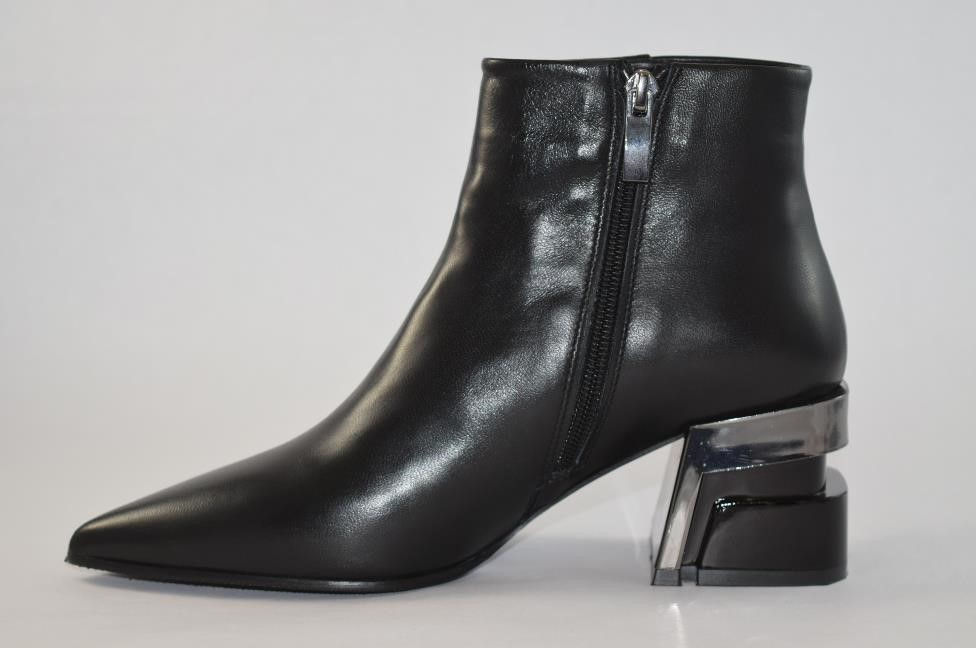 Thumbnail: Black Leather Ankle Boot with Small Block Heel  and side zipper