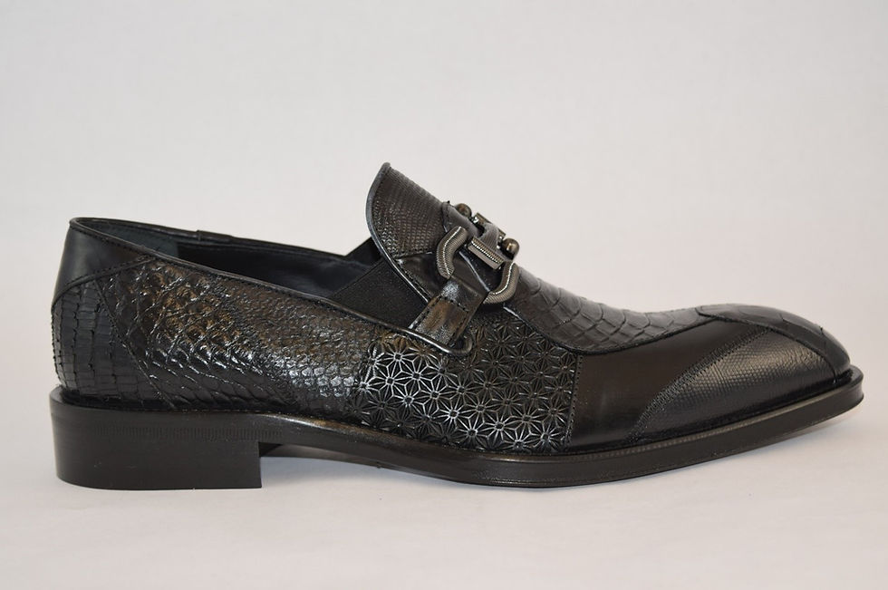 Black Leather and various Embossed leather Dress shoe with metallic front buckle Design
